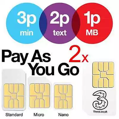 2x Three Pay As You Go PAYG SIM Card Micro Nano Adapter For IPhone IPad Samsung • £1.94