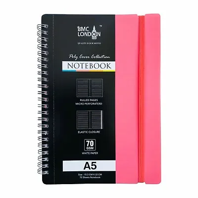 A5 Notebook Spiral Poly Pastel Banded Twin Wire Lined Ruled Pink Colour Notepad • £3.29