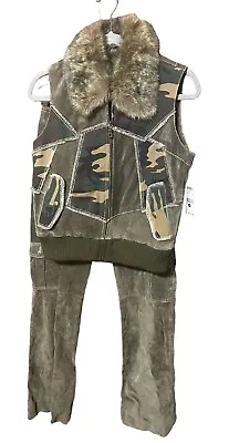Wilson Leather Camo Olive Green Vest Sz M Fur Collar & Pants Sz 6 W/ Tags H3 Y2K • $149.99