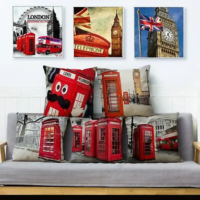 London Street View Print Cushion Cover Red Bus Telephone Booth Big Ben Pattern • £5.27