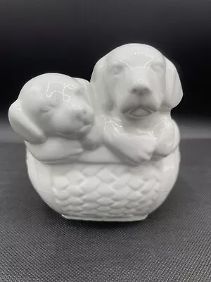 Vintage  Puppies In A Basket  Planter/Vase White Stoneware • $10.99