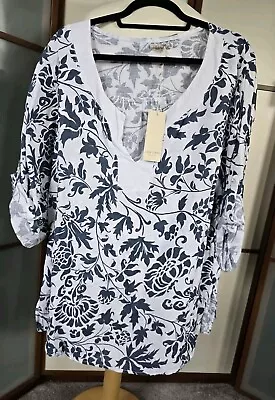 Lina Tomei Made In Italy 100% Linen Tunic Floral White & Navy 4XL 18-20 BNWT • £24.99