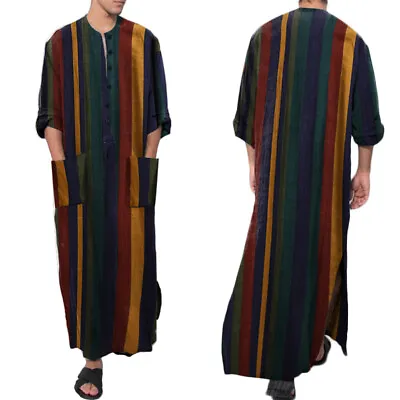 Men Striped Full Length V-Neck Long Tops Kaftan Casual Loose Shirt Dress S-5XL • £18.99