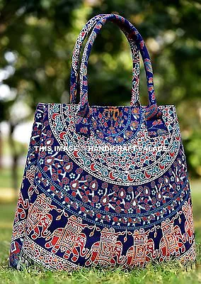 Indian Elephant Mandala Large Shopping Bag Cotton Purse Beach Bag Blue Hand Bag  • $38.49