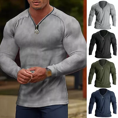 Men's Solid Color V-neck Zipper Decoration Long Sleeve Slim Sport Muscle T-shirt • $28.95