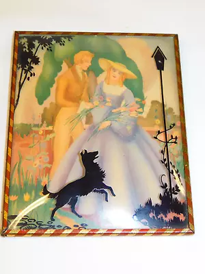 Vintage Reverse Silhouette Convex Glass Frame Victorian Couple W Collie DOG • $10.95