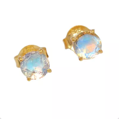 18K Gold Vermeil Natural Rainbow Moonstone Earrings - Stud Jewelry CE29678 • $10.99