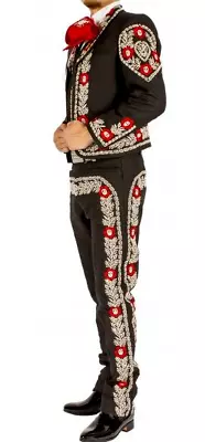 Men 3Pc Cotton Mariachi Black Suit Embroidered Wedding Suits For Groom And Groom • $1115.07