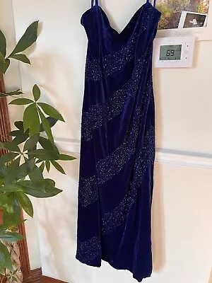 Vintage Retro Maxi Beaded Velvet Blue Dress Sz 12 Brand Pinky & Me Prom • $45