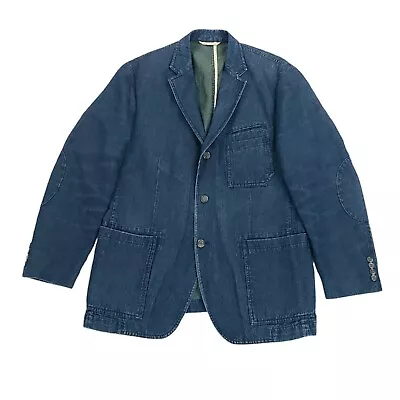 Vintage Orvis Linen Blend Denim Blue Jean Blazer Jacket Mens Sz 40R Elbow Patch • $64.41