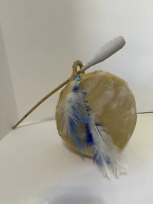 Vintage Rawhide Log Drum 7” X 4” & Beater With Feathers & Beads Signed L.D. • $80