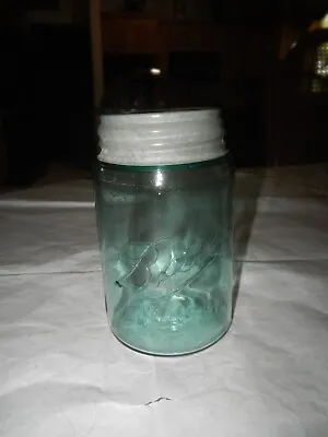 Vintage BALL Mason Blue/Turquoise Green Pint Canning Jar W/Ball Zinc Screw Cap • $8