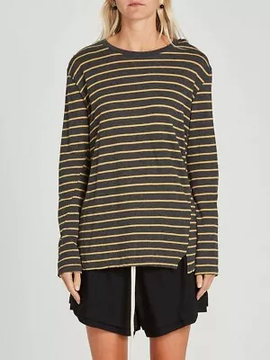 Bassike Charcoal Marle Grey Gold Stripe Classic Vintage L/S TShirt Top XS RRP140 • $100