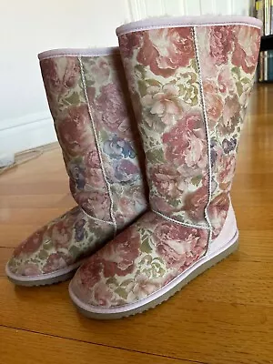 UGG Australia Classic Tall Romantic Flower Boots Pink Floral Size 9 • $125