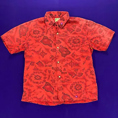 Vtg Ui-Maikai Mens Sz XL Hawaiian Red Aloha Island Airplane S/S Button Up Shirt • $24.49