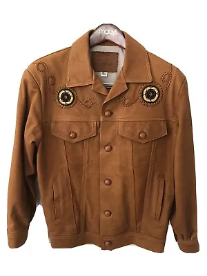 Vintage ARTURO Native American Design Brown Leather Jacket Unisex Size 36 • $120.02