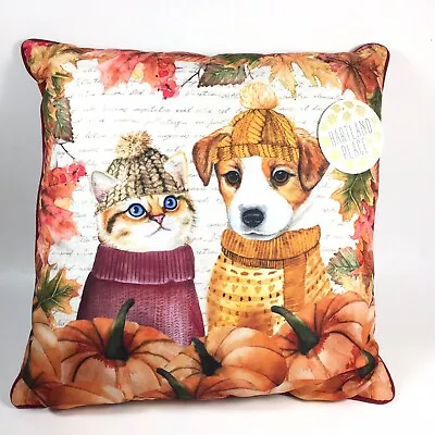 Hartland Place Decorative Fall Throw Pillow Jack Russel Dog Tabby Cat Pumpkins • £26.99