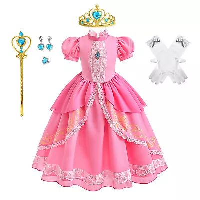 Girls Princess Peach Costume Pink Lace Dress Birthday Party Halloween Outfits • $31.95