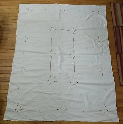 VTG Large Linen Table Cloth Natural Embroidered Flower 63x80  • $27.65