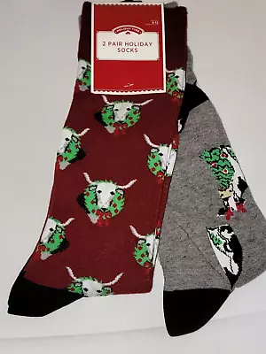 Holiday Time 2 Pair Mens Christmas Socks Crew Size 6-12 NEW Cow Wreath Holiday • $9.99