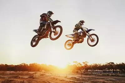 Motocross Riders Jumping Over Sunset Photo Art Print Poster 24x36 Inch • $14.98