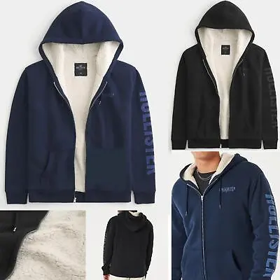 New Men's Hollister Sherpa Shearling Lined Zipped Hoodie Medium £65 Embroidered • $70.86