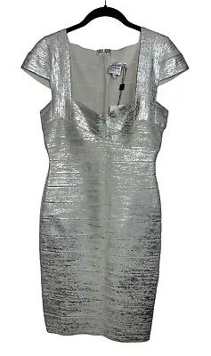 $1090 Herve Leger Womens Dress L Large Silver Foil Cap Sleeve Bandage Knit • $242.99