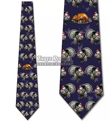 Turkeys And Thanksgiving Dinner Funny - Navy Blue - Mens Tie New • $18.75