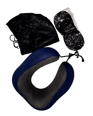 Travel Neck Pillow Memory Foam W/ Eye Mask & Ear Plugs Blue • $13.30