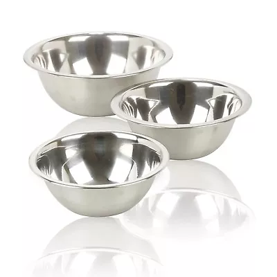 £8.49 • Buy Set Of 3 Stainless Steel Metal Deep Mixing Bowls Caterer Salad Spaghetti Pasta