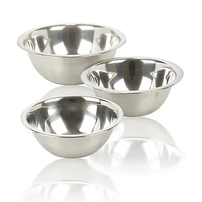 Set Of 3 Stainless Steel Metal Deep Mixing Bowls Caterer Salad Spaghetti Pasta • £8.49