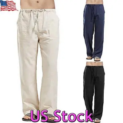 $5.12 • Buy Men Summer Beach Loose Cotton Linen Pants Drawstring Elasticated Casual Trousers