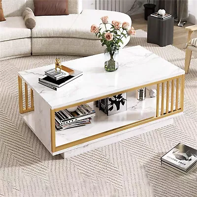 Modern White Gold Rectangle High Gloss Coffee Table Living Room Furniture • $118.74