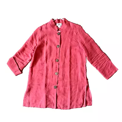 NEIMAN MARCUS Tunic Women’s Sz M Salmon Pink 100% Linen Mandarin Collar Blouse • $9.99