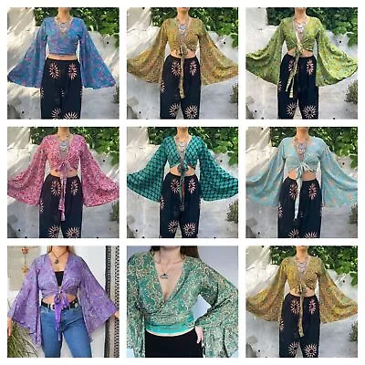 Wholesale 10 Pc Indian Vintage Silk Sari Bell Sleeve Crop Top Retro 60s Clothing • $163.03