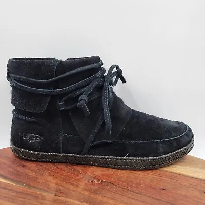 UGG Reid Ankle Boots Women's 7.5 Black Suede Shearling Lace Up Moccasin Booties • $39.97