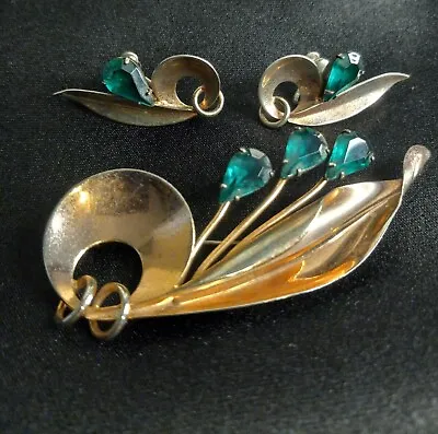 Vintage Sterling Silver Brooch & Screw Back Earring Set Emerald Green Glass Used • $88