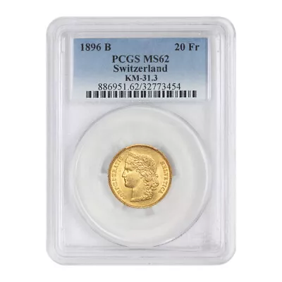 Swiss 1896-B 20 FR Gold Helvetica PCGS MS62 KM-31.3 Bern Minted Switzerland Coin • $685