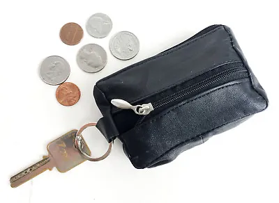 Black Leather Men's Small Zip Coin Purse  Front Pocket Keychain Change Holder • $10.22