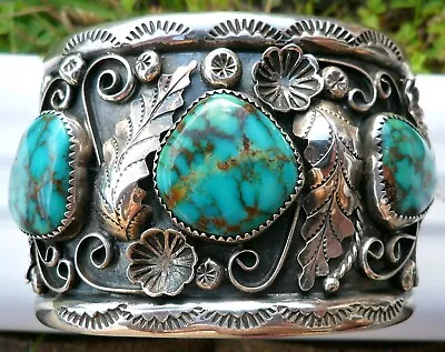 NAVAJO MARY MORGAN GEMGRADE GODBER BURNHAM TURQUOISE STERLING CUFF Sz7.625 110gr • $4500