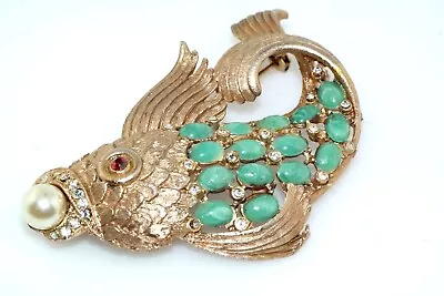 Vtg Koi Fish Pin Jade Glass Rhinestone Faux Pearl Textured Gold Tone Brooch Pin  • $65