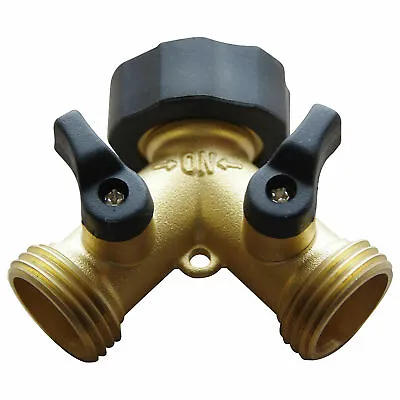 Brass Garden Hose Splitter 2-Way Y Hose Connector Adaptor With Valves NEW • £9.79