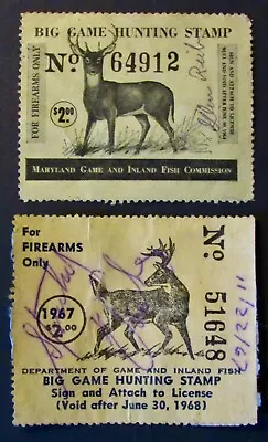 1963 & 1967 Maryland Big Game Hunting Stamps - Firearms Only - Deer Stamps • $8