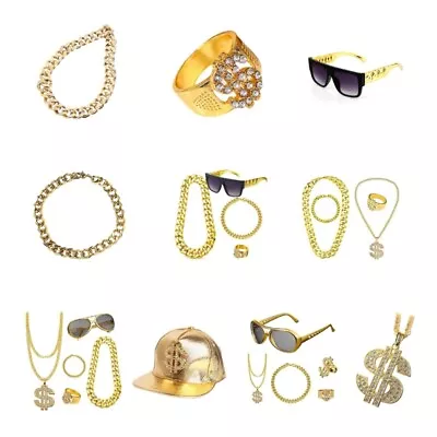 Hip Hop Costume Kit Adjustable Hat Sunglasses Dollar Sign Chain Rings Bracelets • $16.50