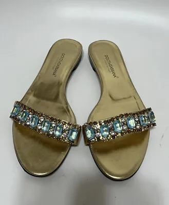 Vtg Dolce & Gabbana Gold Leather Blue Crystal Sandals 36.5 • $200