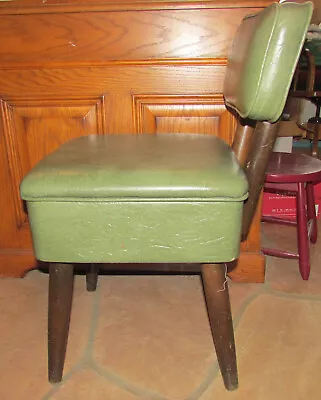 Vintage MCM Green Faux Leather Sewing Chair With Padded Back & Storage In Seat • $375