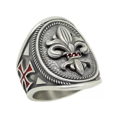 Knights Templar Maltese Red Cross Sterling Silver Fleur De Lis Men's Ring • $147.25