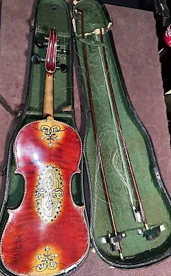 VINTAGE VIOLIN / FIDDLE W/ MOTHER OF PEARL INLAY NEEDS REPAIR 2 BOWS 29” & 24” • $275