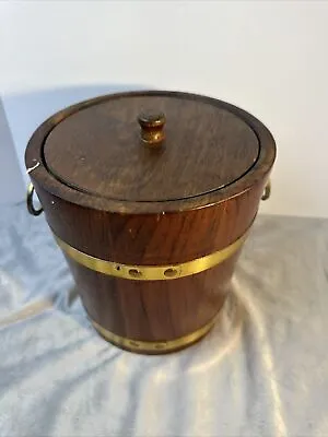 Vintage MCM Teak Dark Wood & Brass Ice Bucket With Lid Side Handles 9” Tall • $13.59