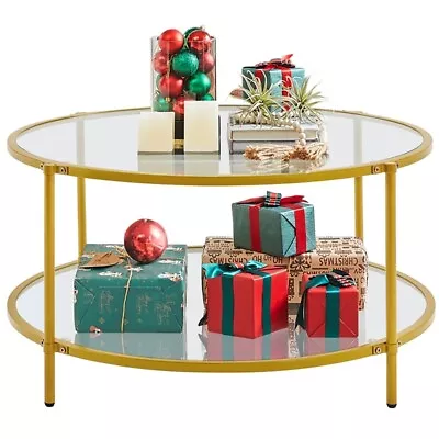 2-Tier Gold Glass Coffee Table W/Shelf 36  Round Coffee Table For Living Room • $109.99